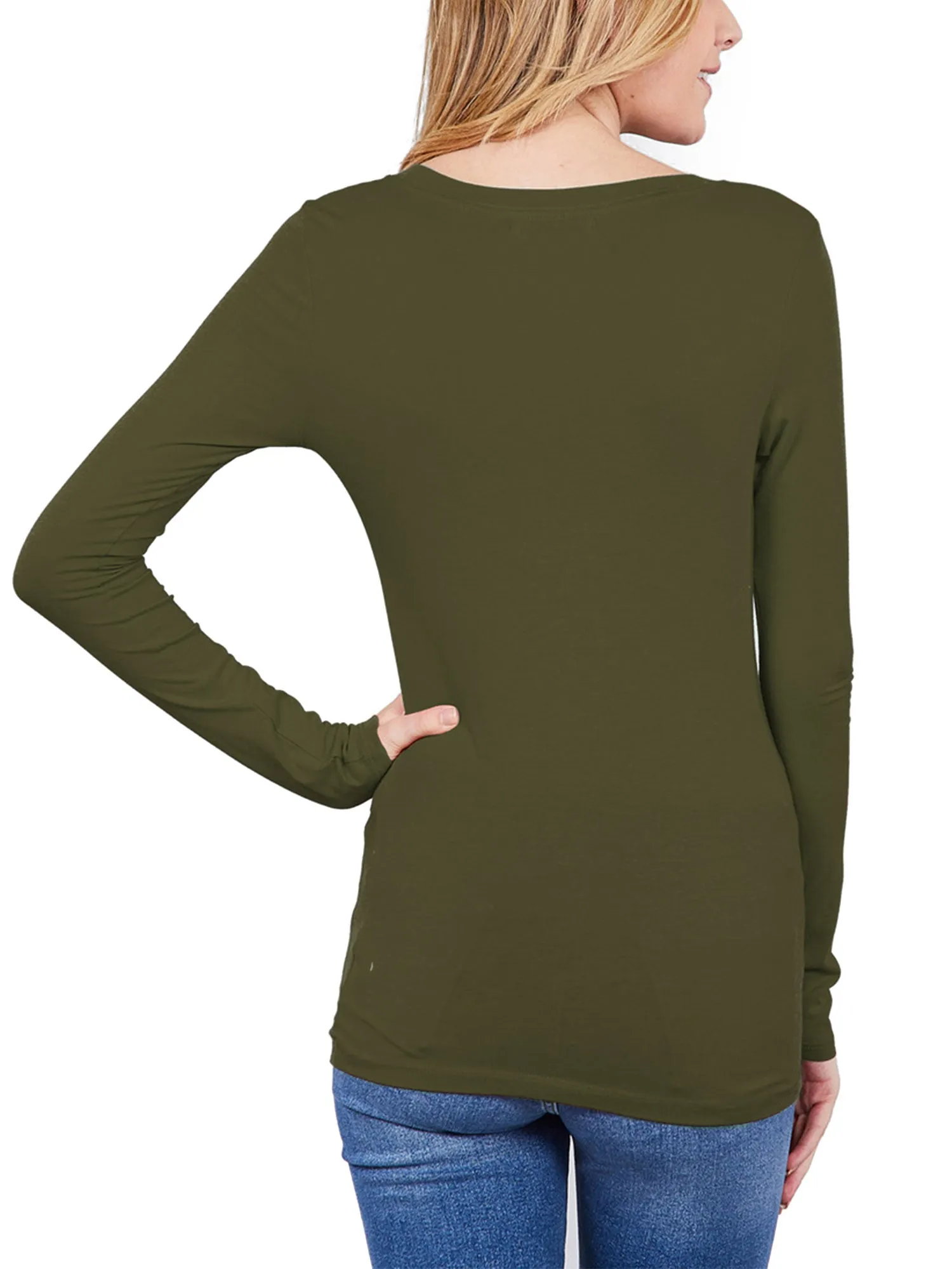 Womens Long Sleeve Basic Plain Scoop Neck T-shirt Top