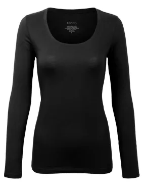 Womens Long Sleeve Basic Plain Scoop Neck T-shirt Top