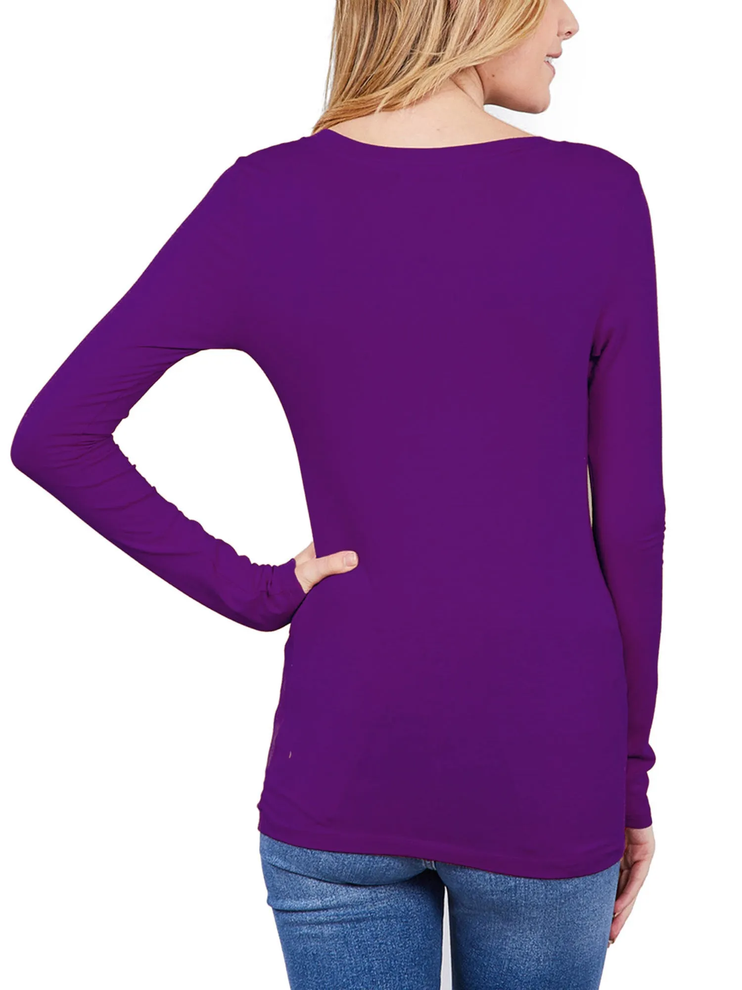 Womens Long Sleeve Basic Plain Scoop Neck T-shirt Top