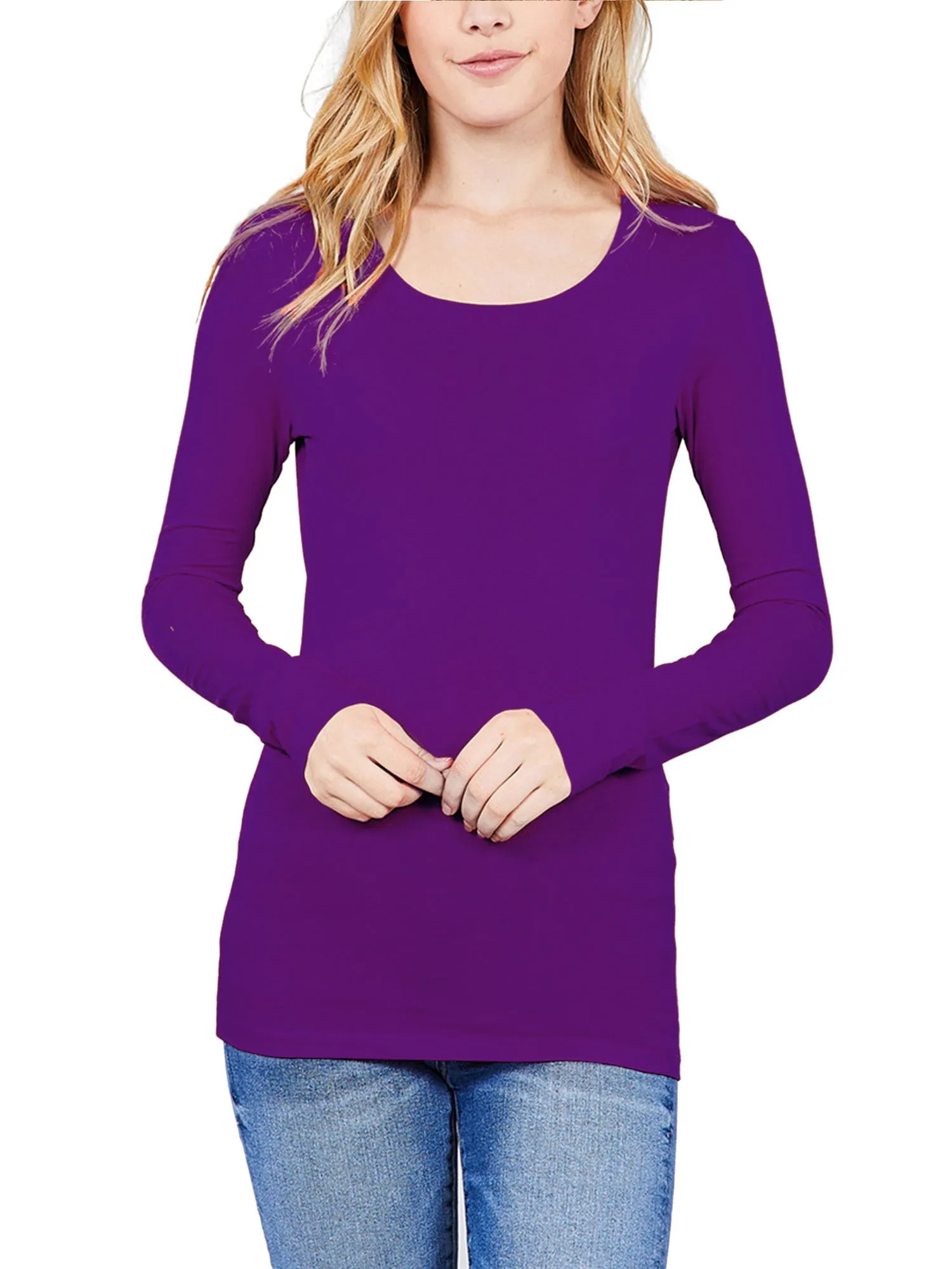 Womens Long Sleeve Basic Plain Scoop Neck T-shirt Top