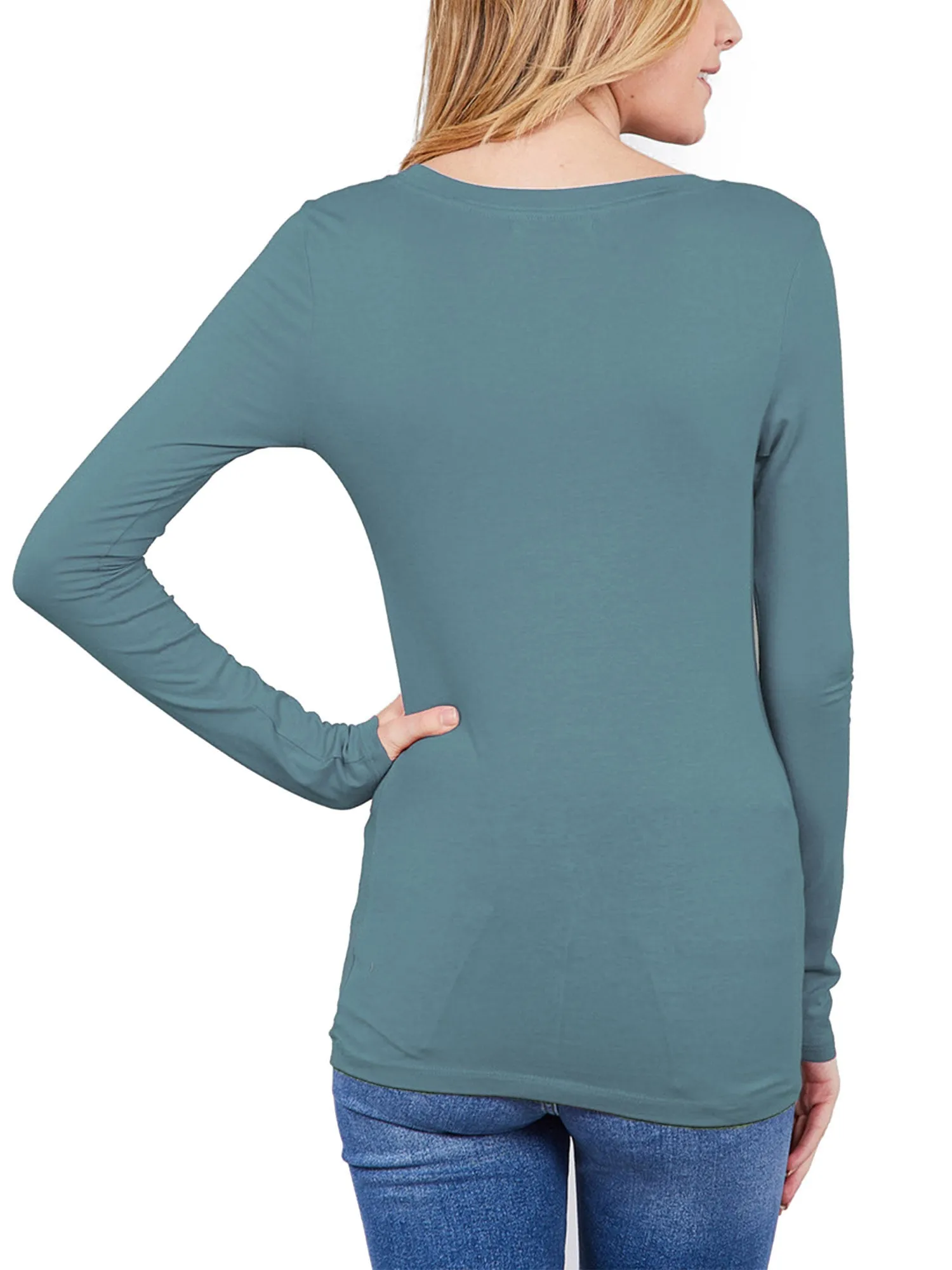 Womens Long Sleeve Basic Plain Scoop Neck T-shirt Top