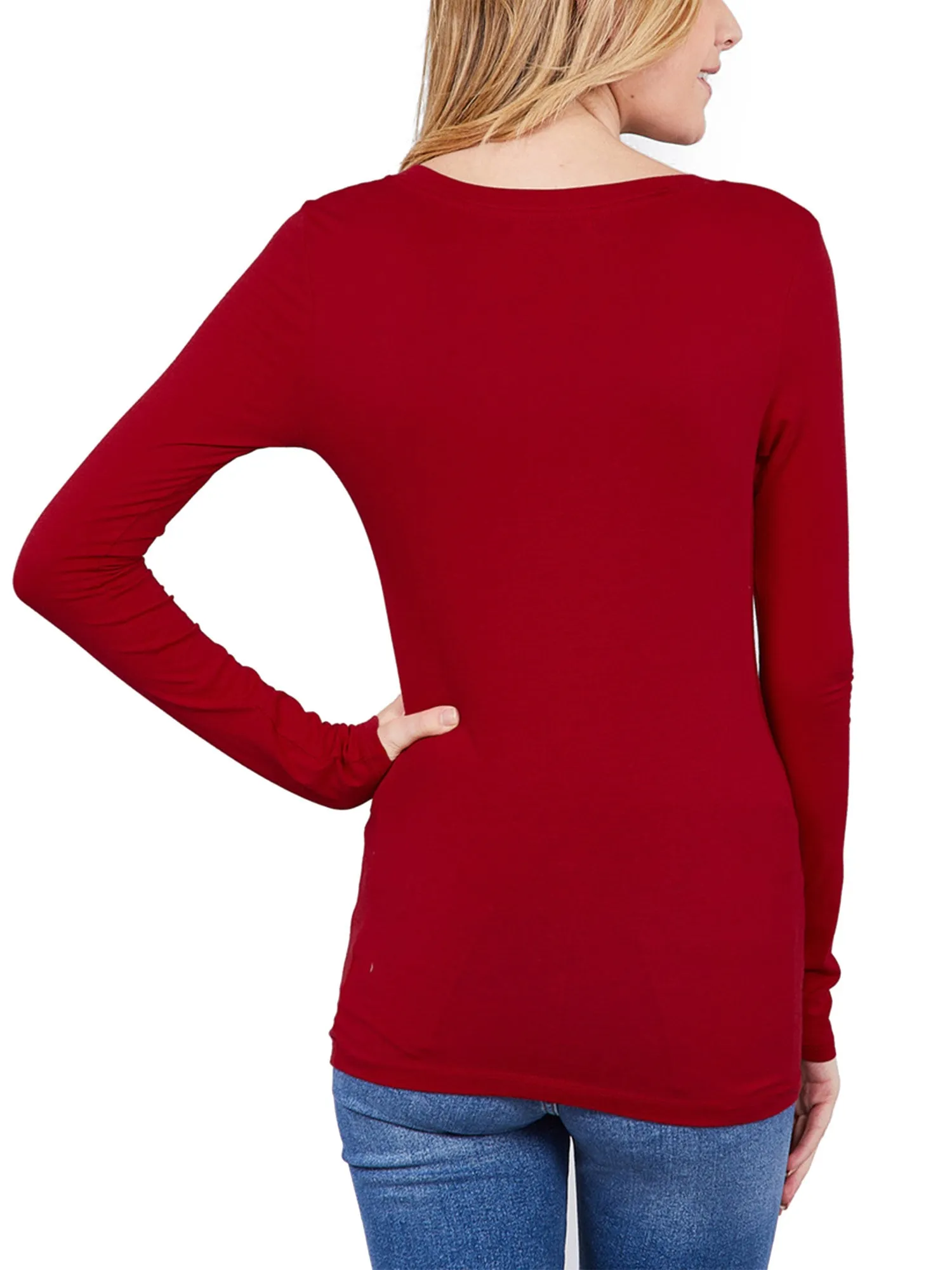 Womens Long Sleeve Basic Plain Scoop Neck T-shirt Top