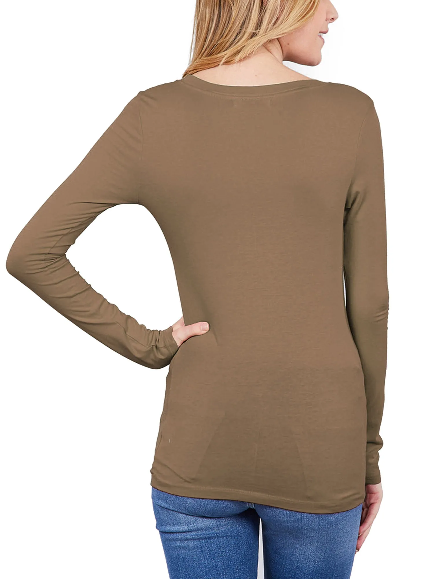 Womens Long Sleeve Basic Plain Scoop Neck T-shirt Top