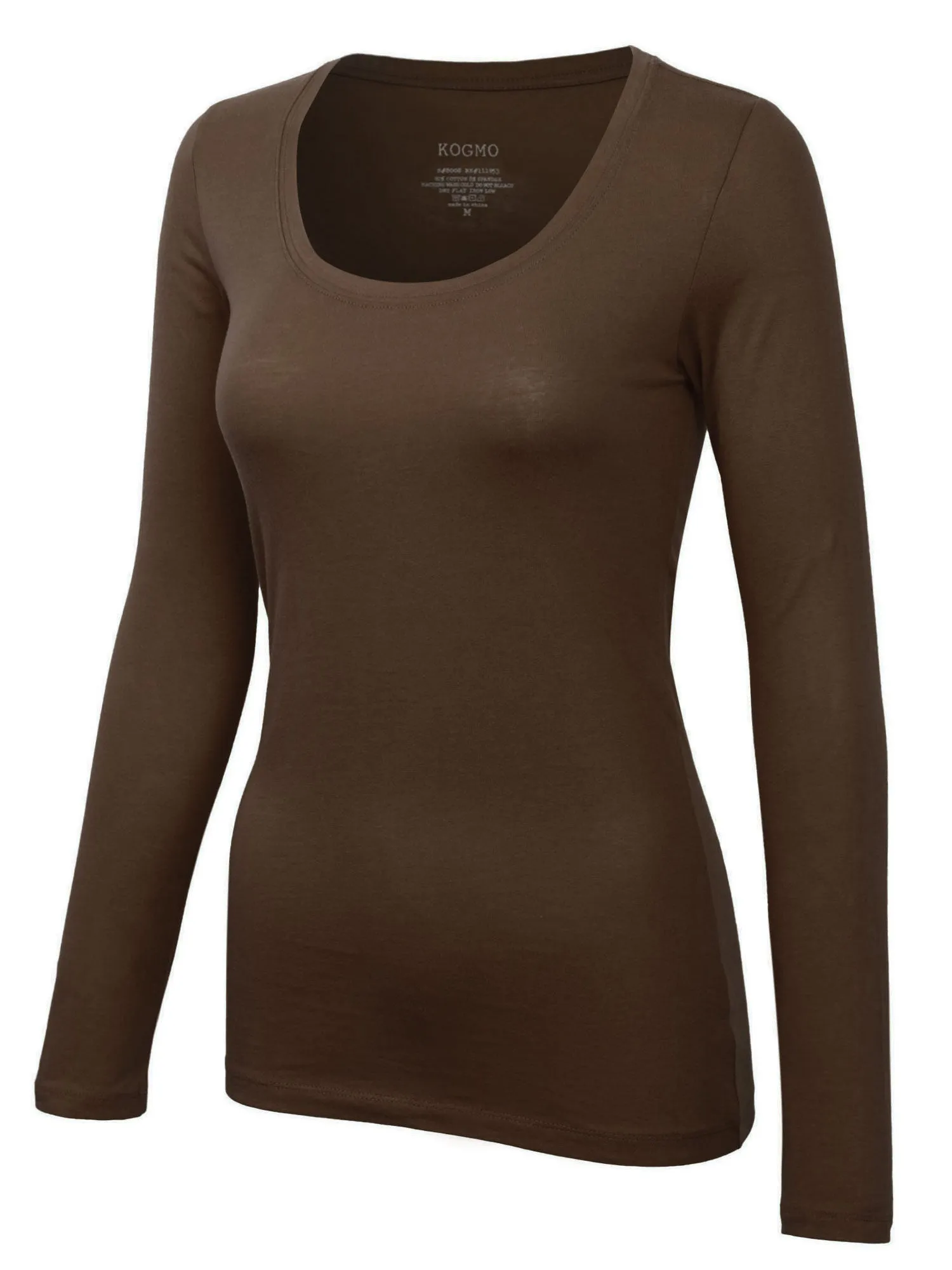 Womens Long Sleeve Basic Plain Scoop Neck T-shirt Top