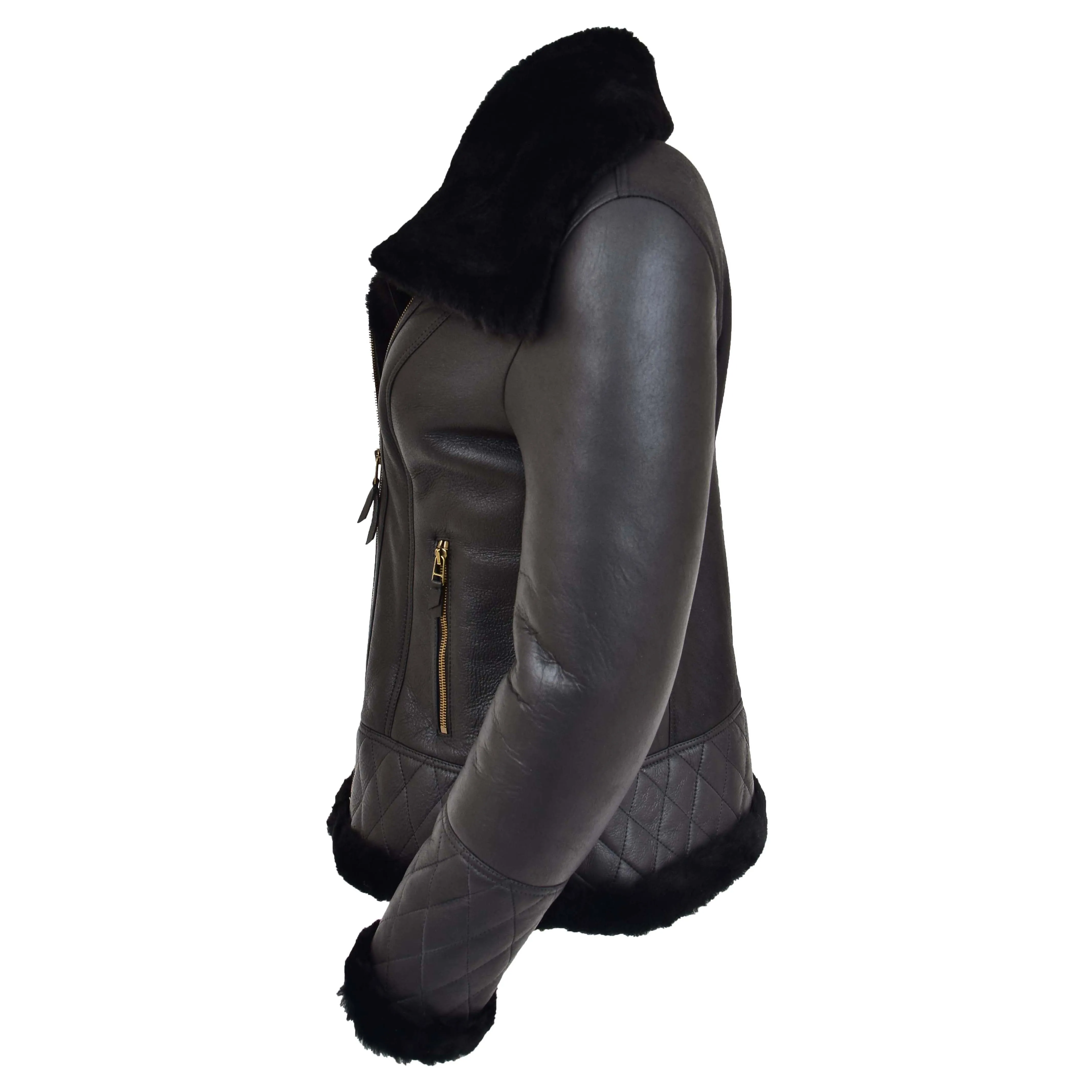 Womens Merino Sheepskin Aviator Jacket Isabelle Black