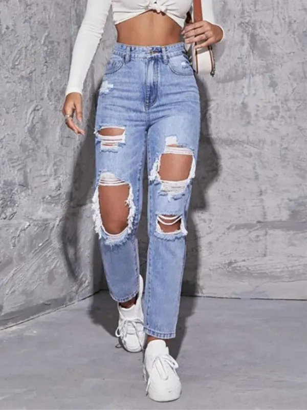 Women's washed ripped high waist straight trousers