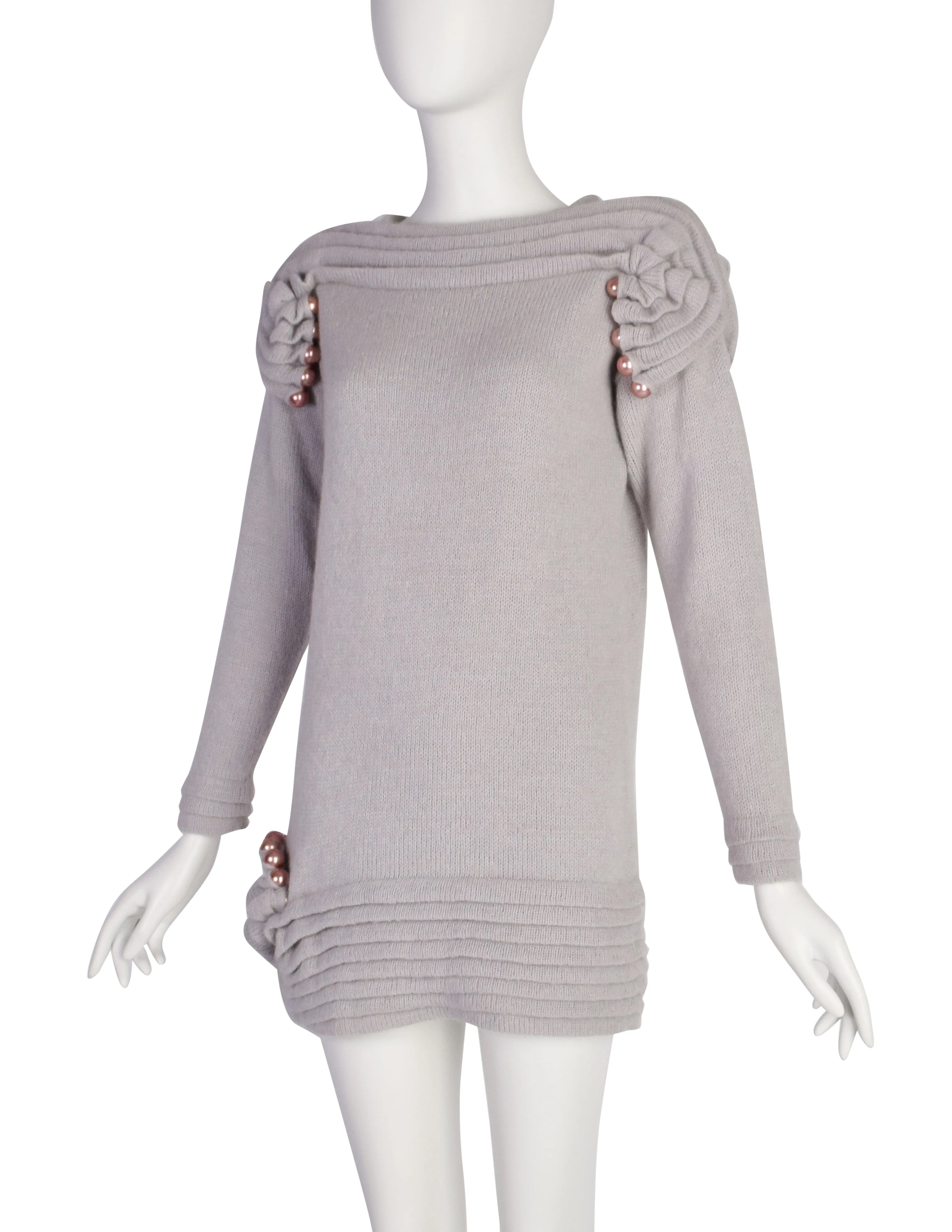 Zandra Rhodes Vintage AW 1980 'Elizabethan Collection' Grey Pleated Pearl Embellished Mohair Alpaca Sweater