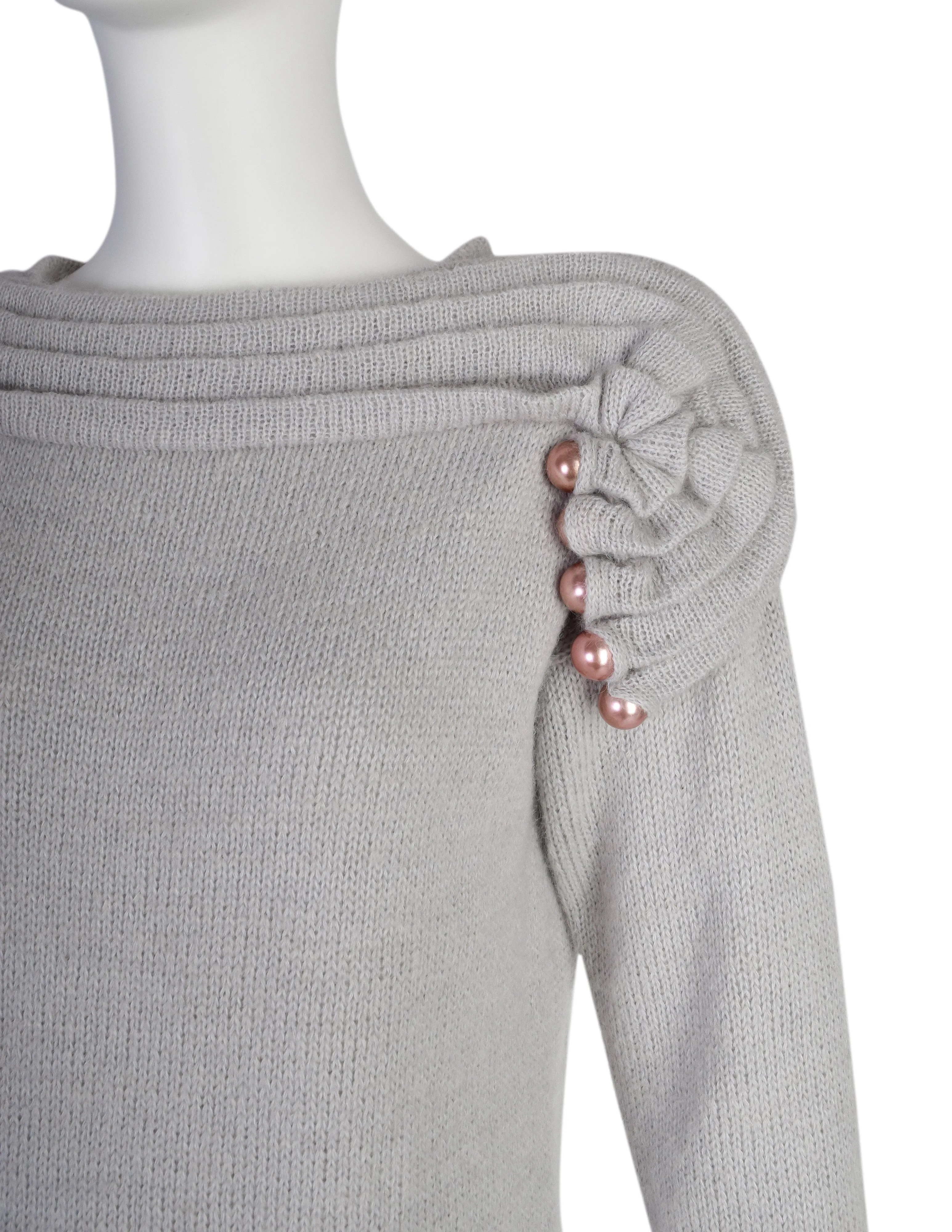 Zandra Rhodes Vintage AW 1980 'Elizabethan Collection' Grey Pleated Pearl Embellished Mohair Alpaca Sweater