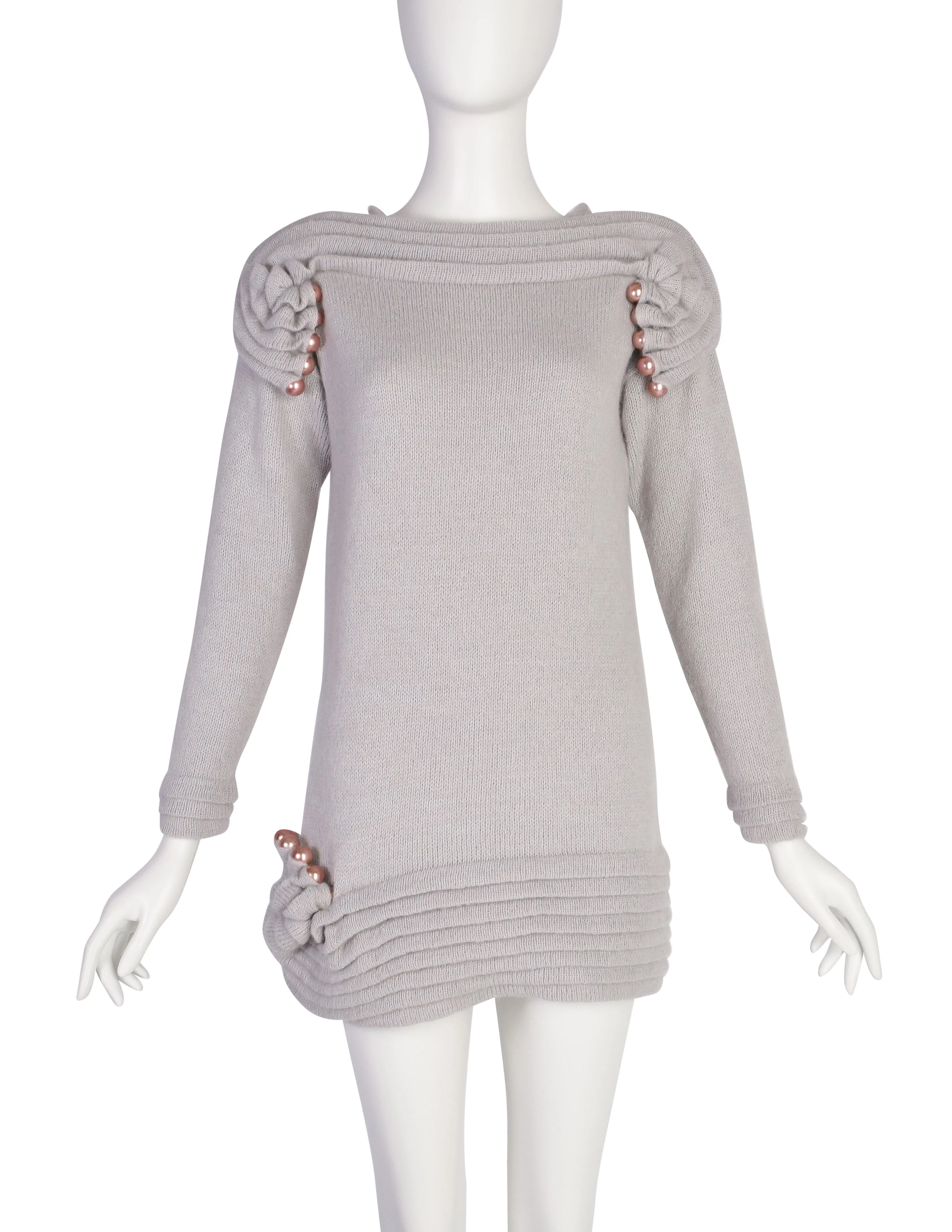 Zandra Rhodes Vintage AW 1980 'Elizabethan Collection' Grey Pleated Pearl Embellished Mohair Alpaca Sweater