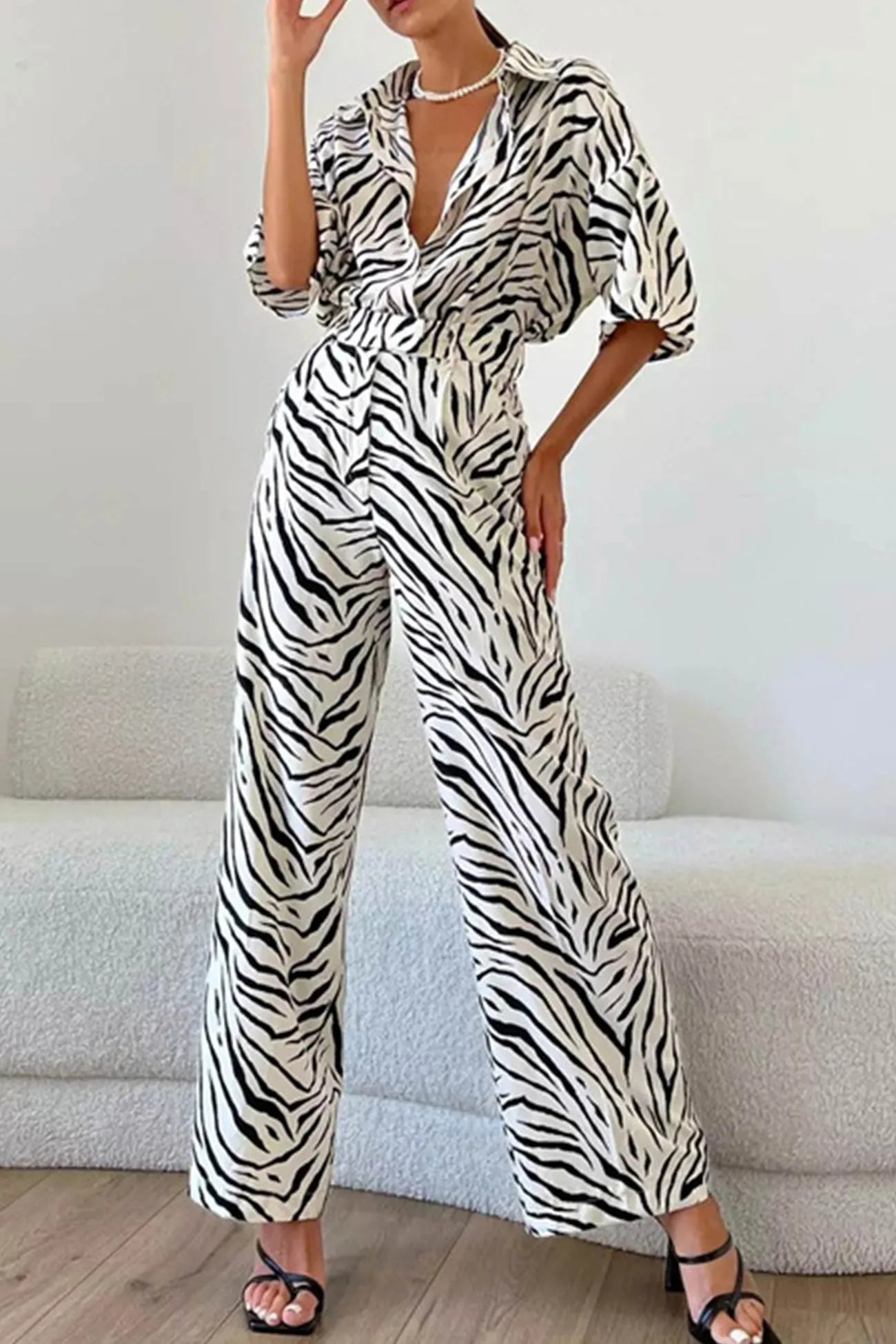 Zebra Print Short Sleeve Shirt Long Pant Suits