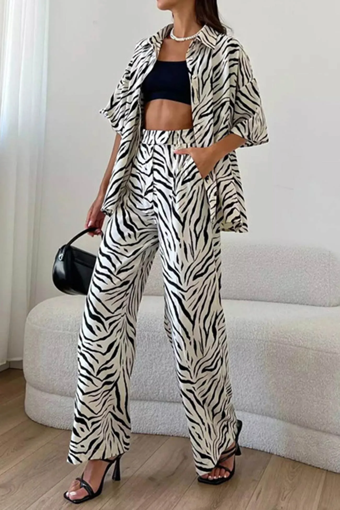 Zebra Print Short Sleeve Shirt Long Pant Suits