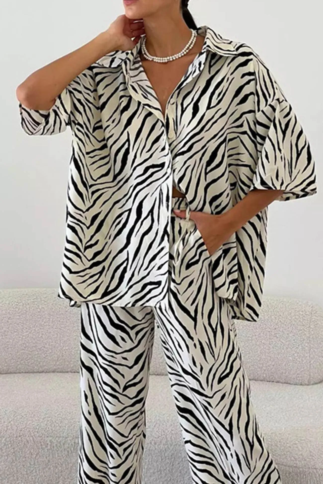 Zebra Print Short Sleeve Shirt Long Pant Suits