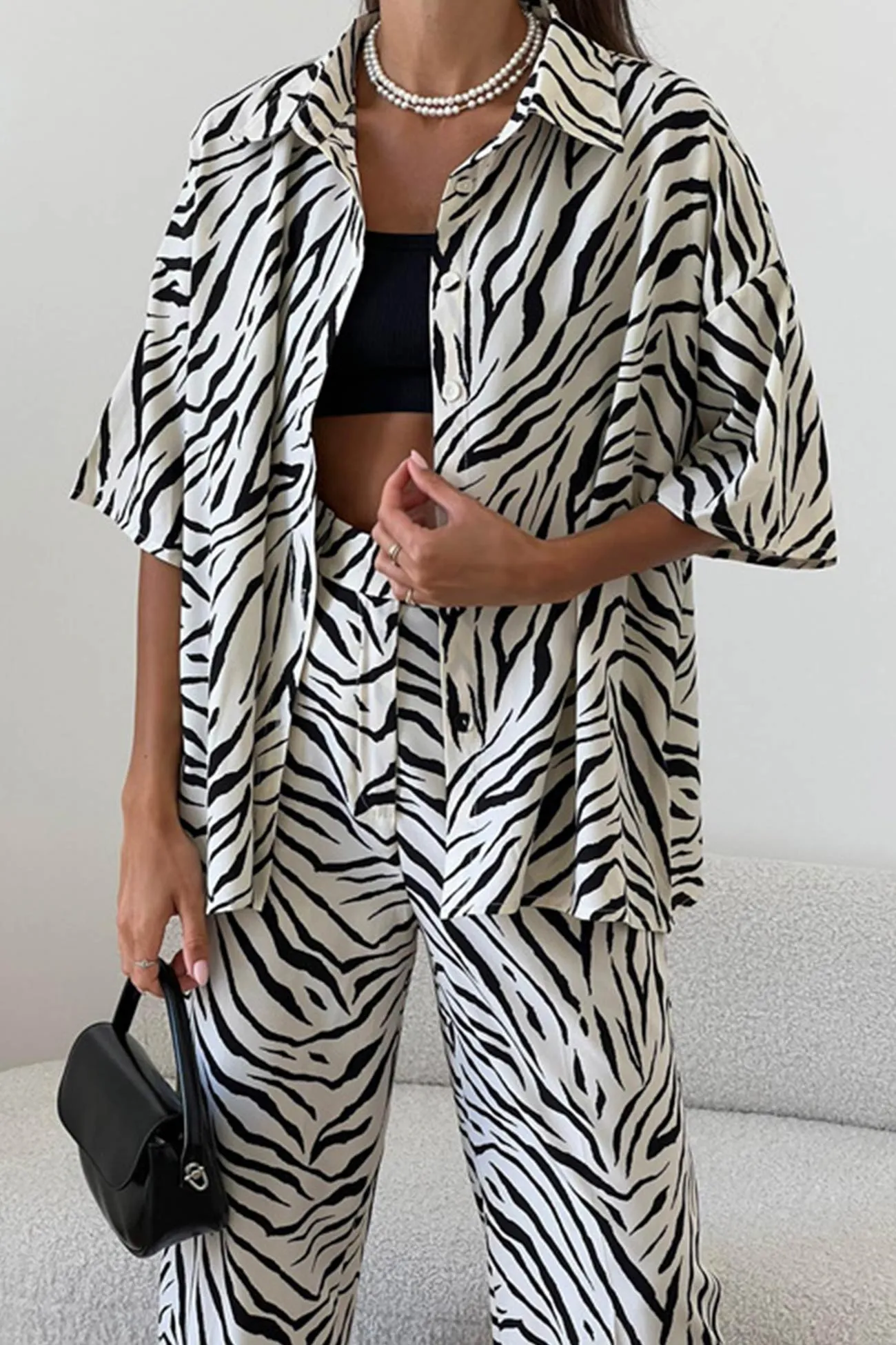 Zebra Print Short Sleeve Shirt Long Pant Suits