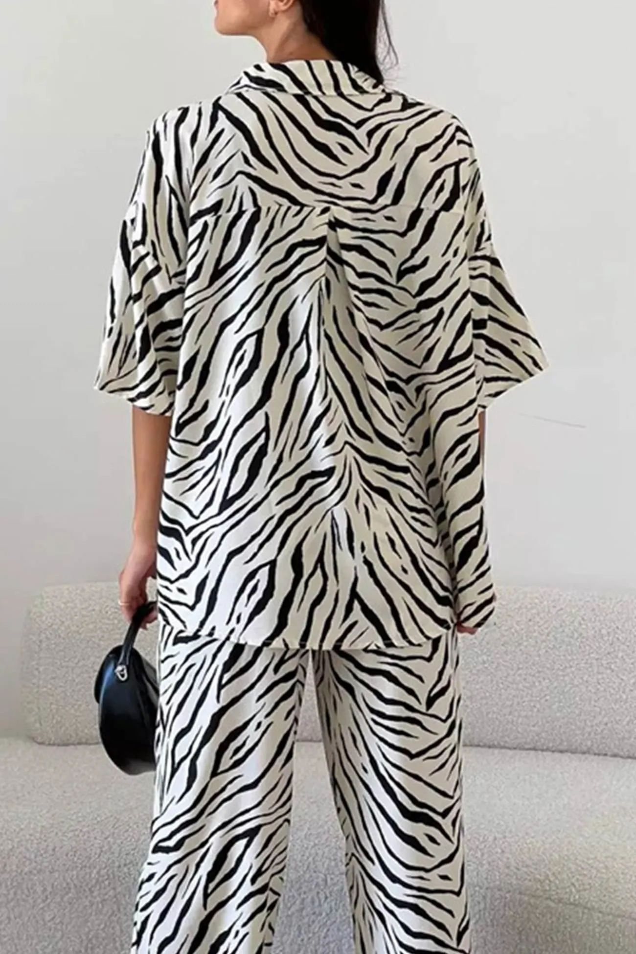 Zebra Print Short Sleeve Shirt Long Pant Suits