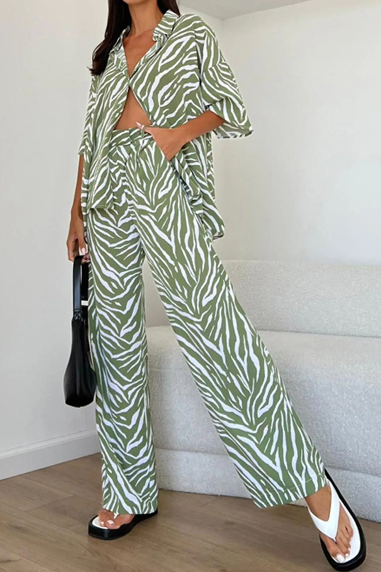 Zebra Print Short Sleeve Shirt Long Pant Suits