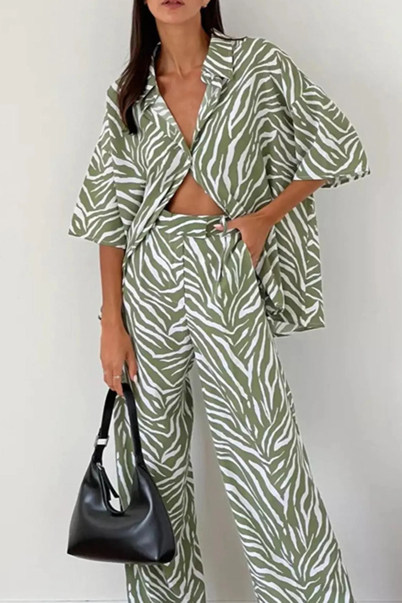 Zebra Print Short Sleeve Shirt Long Pant Suits