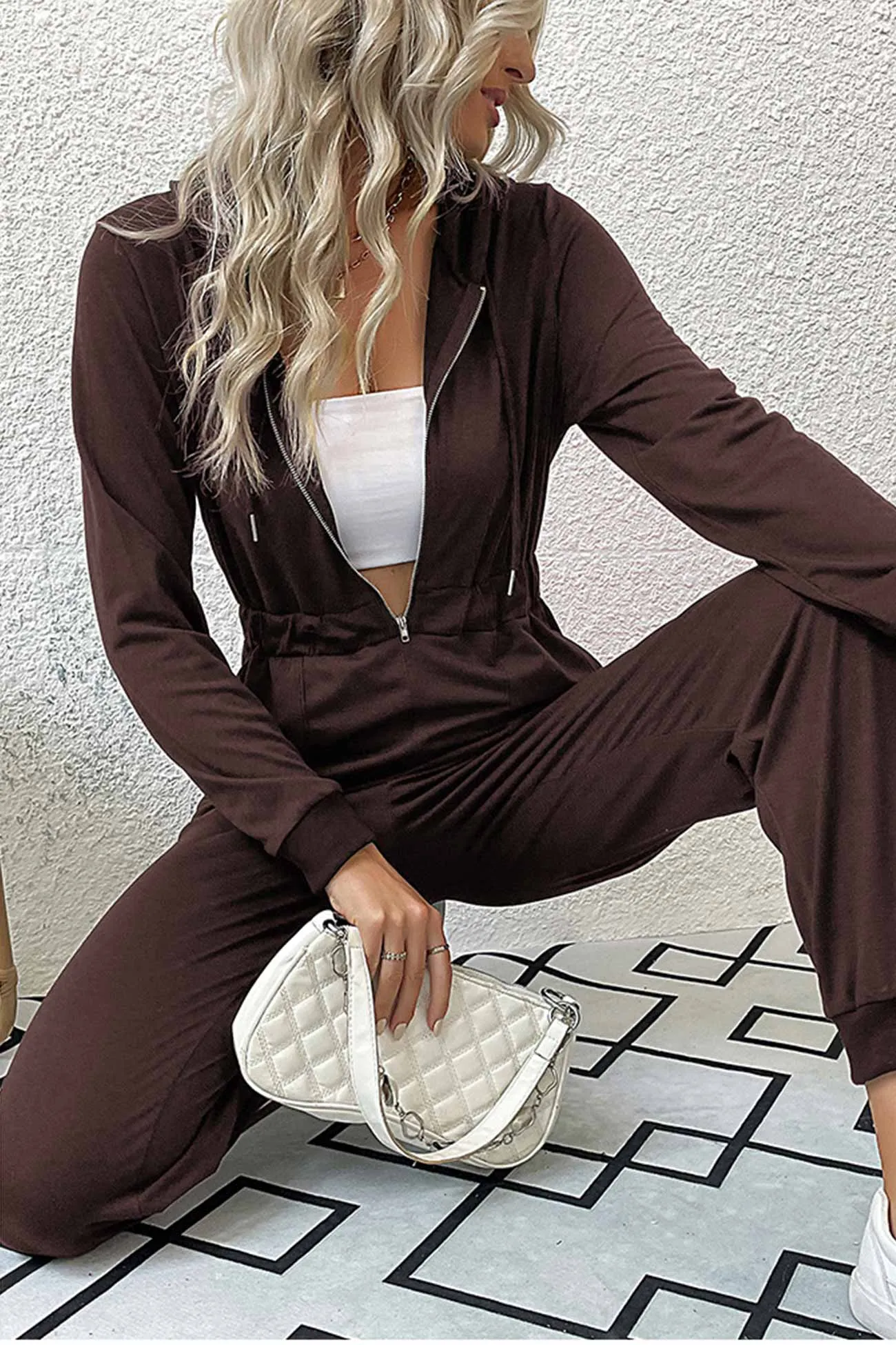 Zipper-Front High Waist Hoodie Jumpsuits