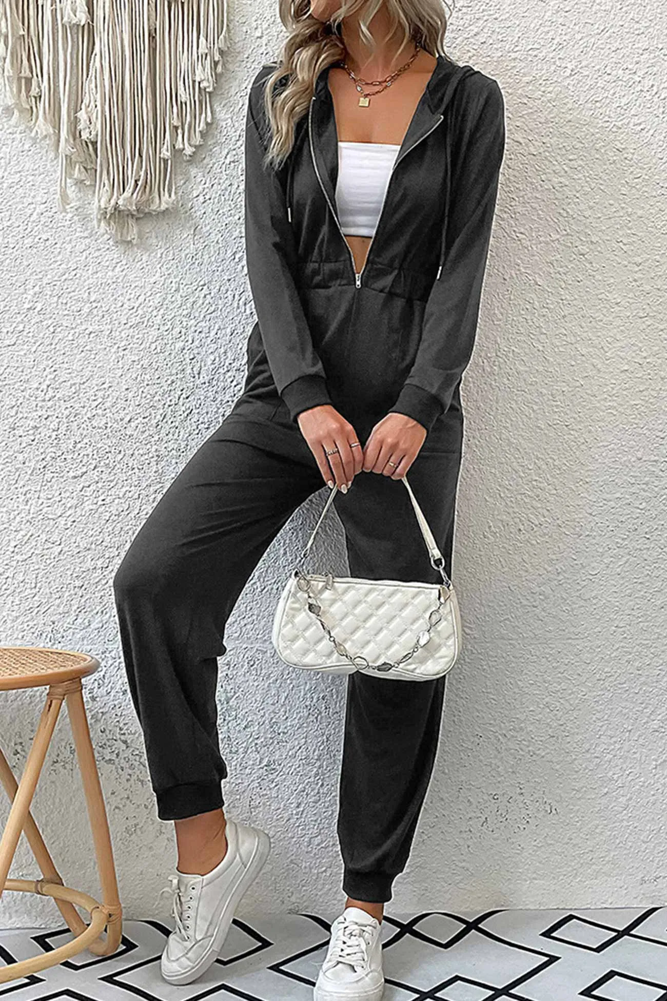 Zipper-Front High Waist Hoodie Jumpsuits